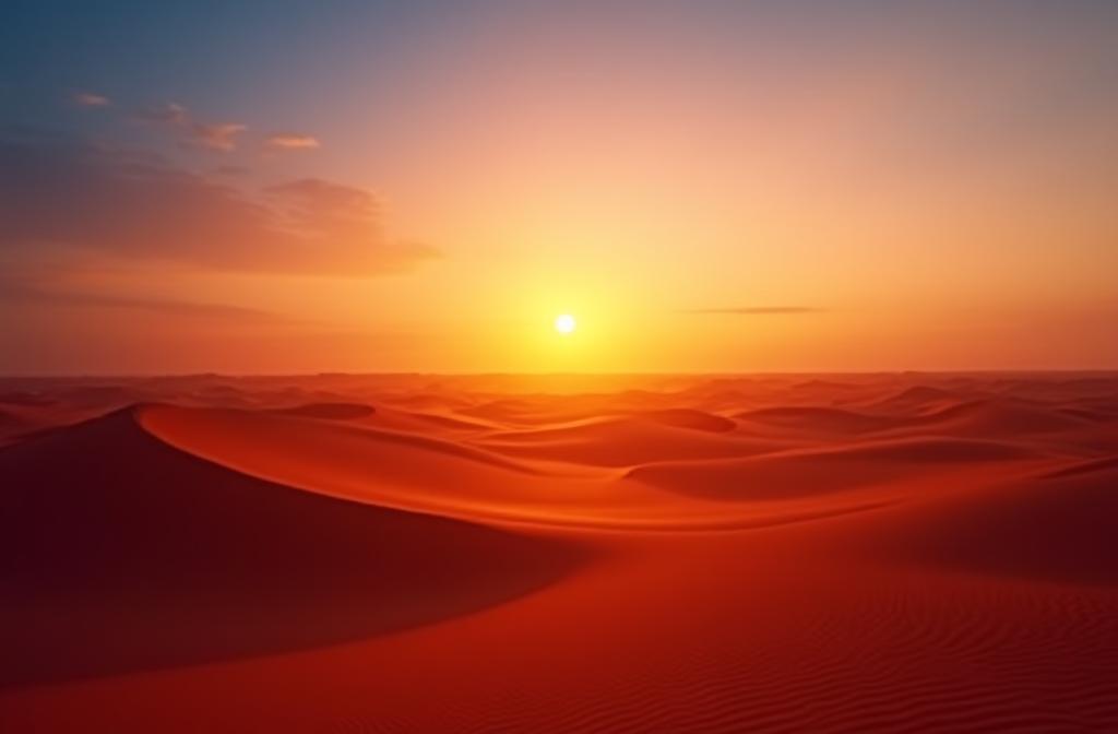 Stunning desert sunrise over sand dunes in Dubai